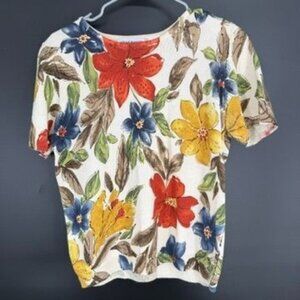 Alfred Dunner Floral Pullover Top Women's Large Embellished Ramie Cotton